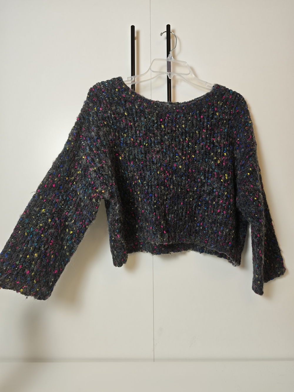 Leith Charcoal Speckled Cropped Crewneck Sweater Wool Alpaca Blend Gray Pink S
